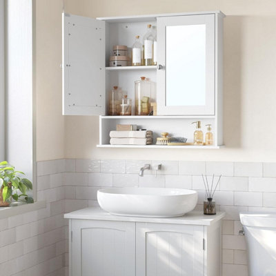 VASAGLE Bathroom Cabinet with Mirror, Wall Cabinet with Mirrored Doors and Open Compartment, Adjustable Shelf, Wall-Mounted, White