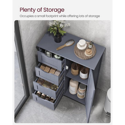 VASAGLE Bathroom Floor Storage Cabinet Wooden Storage Unit with 4 Drawers Single Door Adjustable Shelf for Living Room