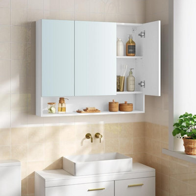 VASAGLE Bathroom Wall Storage Cabinet, Mirror Cabinet with Adjustable Shelves and Open Shelf, Cloud White