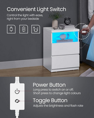 VASAGLE Bedside Table, Modern LED Storage Unit with Multiple Drawers, White