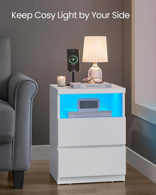 VASAGLE Bedside Table, Modern LED Storage Unit with Multiple Drawers, White