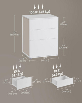 VASAGLE Bedside Table, Modern Storage Unit with Three Easy-Access Drawers, Matte White and Cappuccino Beige