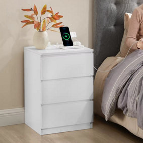 VASAGLE Bedside Table, Side Table, 3 Drawers, Storage Table, Night Stand with Charging Station, White
