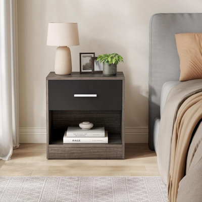 VASAGLE Bedside Table, Side Table with Drawer, Handle, Open Compartment, End Table, Chestnut Brown and Ink Black