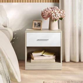 VASAGLE Bedside Table, Side Table with Drawer, Open Compartment, End Table, Natural Beige and Classic White