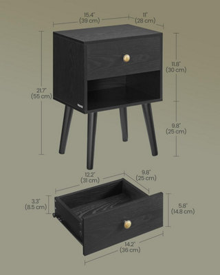 VASAGLE Bedside Table, Side Table with Storage Drawer and Open Shelf, End Table, Ebony Black