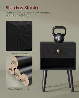 VASAGLE Bedside Table, Side Table with Storage Drawer and Open Shelf, End Table, Ebony Black