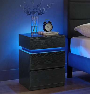 VASAGLE Bedside Table with LED Lighting, Side Table, 3 Drawers, Adjustable Colors, Modern Design, Ebony Black