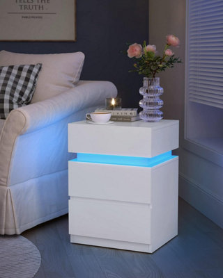 VASAGLE Bedside Table with LED Lights, Adjustable Light Colours, 3 Drawers, Side Table, Modern Style, Cloud White