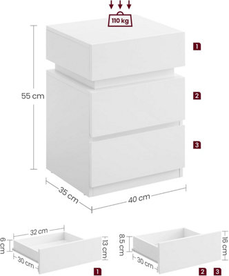VASAGLE Bedside Table with LED Lights, Adjustable Light Colours, 3 Drawers, Side Table, Modern Style, Cloud White