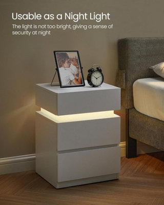 VASAGLE Bedside Table with LED Lights, Adjustable Light Colours, 3 Drawers, Side Table, Modern Style, Cloud White