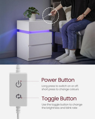 VASAGLE Bedside Table with LED Lights, Adjustable Light Colours, 3 Drawers, Side Table, Modern Style, Cloud White