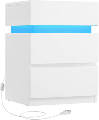 VASAGLE Bedside Table with LED Lights, Adjustable Light Colours, 3 Drawers, Side Table, Modern Style, Cloud White