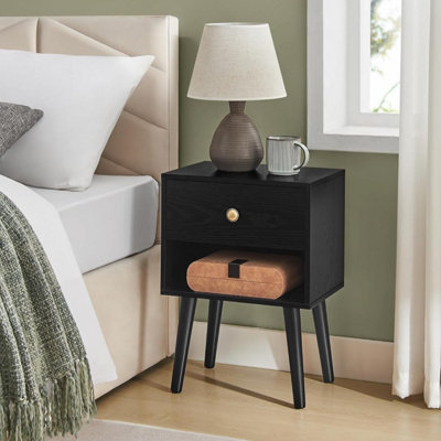 VASAGLE Bedside Tables, Set of 2, Side Table with Storage Drawer and Open Shelf, End Table, Ebony Black