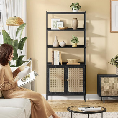 VASAGLE Boho 6-Tier Bookshelf, Tall Bookcase with Rattan-Like Door, Freestanding Shelving Unit, Ebony Black and Matte Black