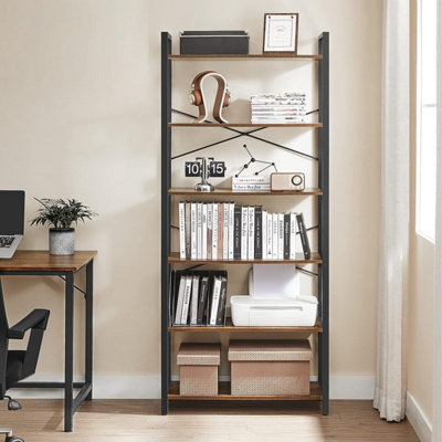 VASAGLE Bookshelf, 6-Tier Shelving Unit with Steel Frame, Tall Shelves, Rustic Brown and Ink Black