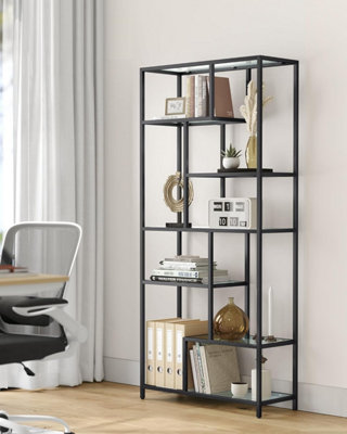 VASAGLE Bookshelf, 6-Tier Tall Bookcase, Plant Stand, Display Shelf, Tempered Glass, for Study, Office, Room, Kitchen, Black