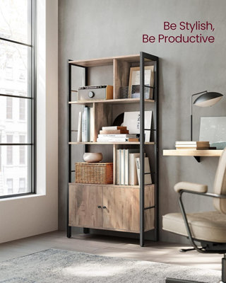 VASAGLE Bookshelf, Storage Shelf, Large Bookcase with Doors, 4 Shelves, Steel Structure, Industrial Style, for Living Room, Office