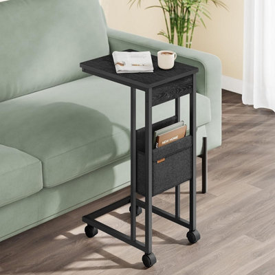 VASAGLE C-Shaped Side Table, Bedside Table, End Table, with Fabric Storage Bag, Adjustable Feet and Swivel Castors, Ebony Black