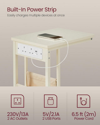 VASAGLE Charging Side Stand, C-Shaped Table with USB Hub and Storage, Cream White
