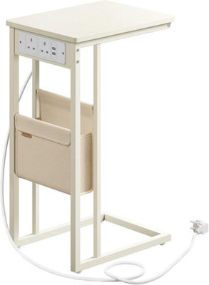 VASAGLE Charging Side Stand, C-Shaped Table with USB Hub and Storage, Cream White