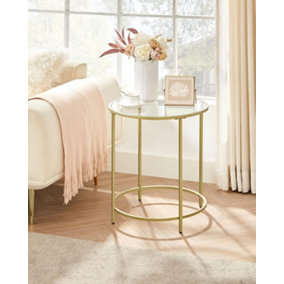 VASAGLE Circular Accent Table, Petite Espresso Table, Toughened Glass Side Table, Nightstand, Lounge, Veranda, Gold Color