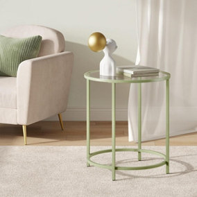 VASAGLE Circular Side Table, Glass End Table featuring Metal Structure, Chic Coffee Table, Laurel Green and Transparent