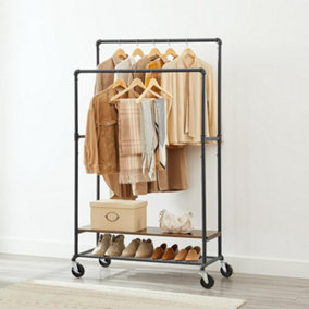 VASAGLE Clothes Rail heavy duty, Double Clothes Rack with Dual Hanging Rail, Shelves and Wheels, Industrial Pipe Design