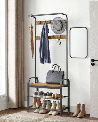 3-in-1 Industrial Coat Rack Stand with 9 Hooks Shoe Bench