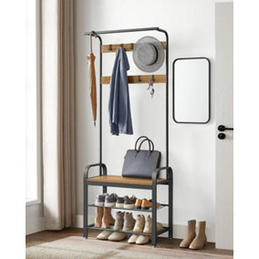 VASAGLE Coat Rack, Coat Stand with Shoe Storage Bench, 4-in-1 Design, with 9 Removable Hooks, a Clothes Rail, for Hallway