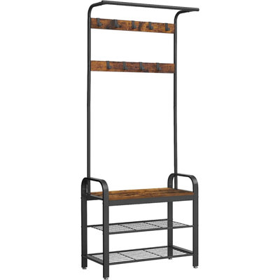 VASAGLE Coat Rack Hat and Coat Stand Hall Shoes Rack Umbrella Bag Stand with Removable Hooks Height 183cm Metal Vintage HSR40B