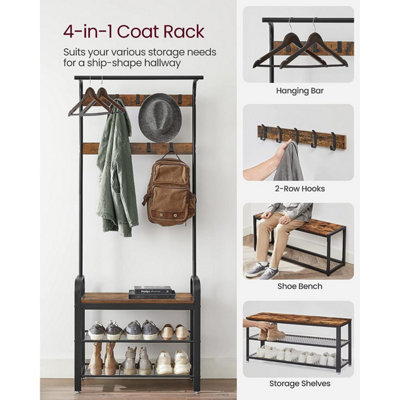 VASAGLE Coat Rack Hat and Coat Stand Hall Shoes Rack Umbrella Bag Stand with Removable Hooks Height 183cm Metal Vintage HSR40B - 3