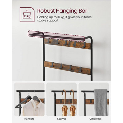 VASAGLE Coat Rack Hat and Coat Stand Hall Shoes Rack Umbrella Bag Stand with Removable Hooks Height 183cm Metal Vintage HSR40B - 4