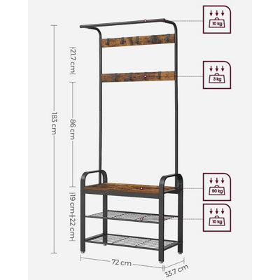 VASAGLE Coat Rack Hat and Coat Stand Hall Shoes Rack Umbrella Bag Stand with Removable Hooks Height 183cm Metal Vintage HSR40B - 7