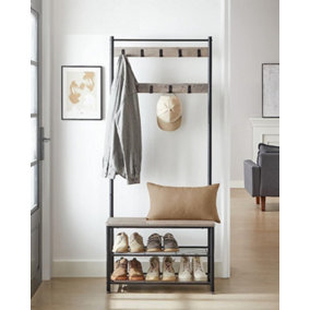VASAGLE Coat Rack Stand, Coat Tree, Hallway Shoe Rack and Bench with Shelves, Hall Tree with Hooks, Matte Steel Frame