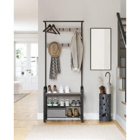 VASAGLE Coat Rack Stand, Free Standing Hall Tree, Coat Stand with Removable Hooks, Bench and Shoe Rack, Height 183 cm, Steel