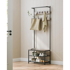 VASAGLE Coat Rack with Shoe Storage, Hall Tree, Coat Stand for Hallway with Bench, 9 Movable Hooks, Top Bar, Greige and Black