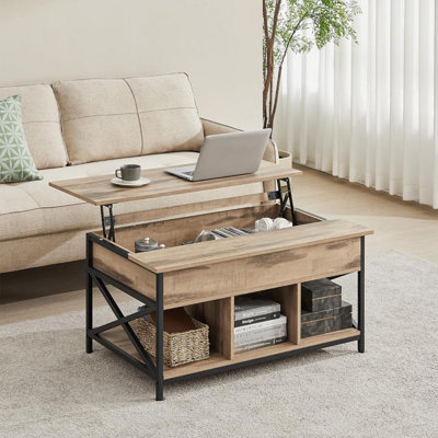 VASAGLE Coffee Table, Lift-Top Table Coffee Table for Living Room, Coffee Table with Storage, X-Shaped Bars, Camel Brown & Black