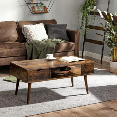 VASAGLE Coffee Table with Storage, Drawer, Open Compartment, Long Legs, for Living Room, Dining Room, Rustic Brown