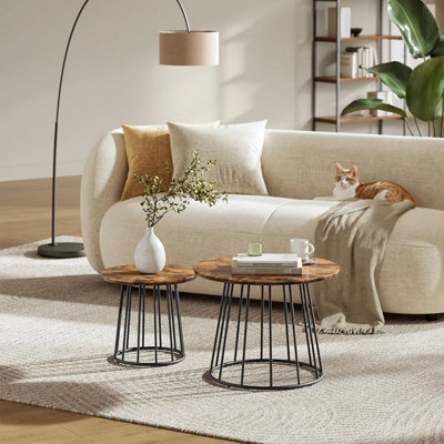 VASAGLE Coffee Tables, Set of 2 Round Side Tables, Modern Style, Steel Frame, for Living Room, Bedroom, Rustic Brown
