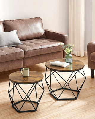 VASAGLE Coffee Tables, Set of 2 Side Tables, Robust Steel Frame, for Living Room, Bedroom, Rustic Brown and Black