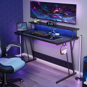 VASAGLE Computer Table, Gaming Desk, with LED and Built-In Power Outlets, Table with Monitor Shelf, Gaming Table, Ebony Black