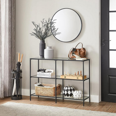 Dark wood console store table with shelf