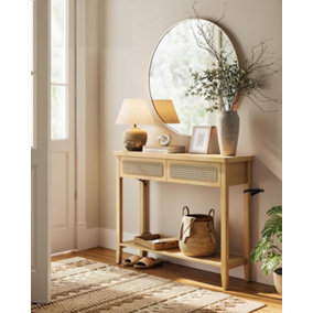 VASAGLE Console Table for Hallway, Slim Sofa Table for Living Room, Hallway Table with 2 Drawers, Open Shelf, Oak Beige