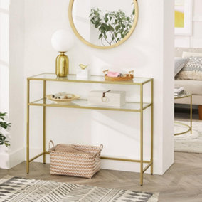 VASAGLE Console Table, Tempered Glass Table, Modern Sofa or Entryway Table, Metal Frame, 2 Shelves, Adjustable Feet