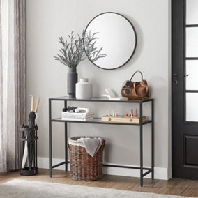 VASAGLE Console Table, Tempered Glass Table, Modern Sofa or Entryway Table, Steel Frame, 2 Shelves, Adjustable Feet