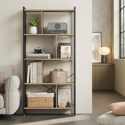 VASAGLE Contemporary Storage Solution, Large Industrial Bookshelf with Steel Frame, Camel Brown and Ink Black