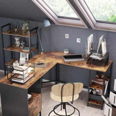 VASAGLE Corner Desk, L-Shaped Computer Desk, Office Desk with Cupboard and Hanging File Cabinet, 2 Shelves, Home Office