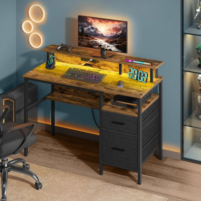 VASAGLE Corner Desk with LED Lighting and Integrated Power Outlets, Computer Station, Rustic Brown