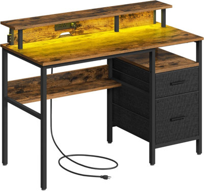 VASAGLE Corner Desk with LED Lighting and Integrated Power Outlets, Computer Station, Rustic Brown